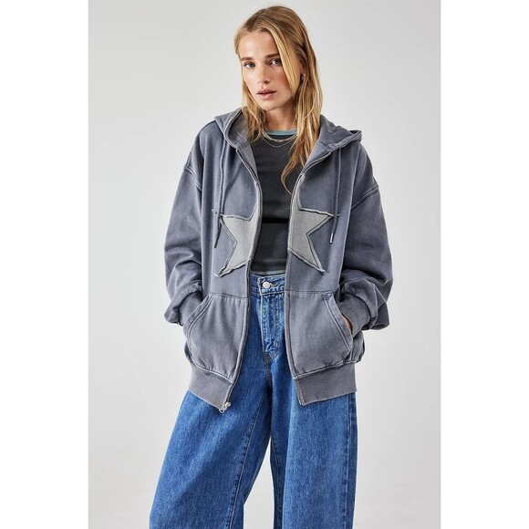 BDG UO Star Washed Black Dusty Hoodie Jacket Top Zip-up Long Sleeve XL 282910 - Picture 1 of 12